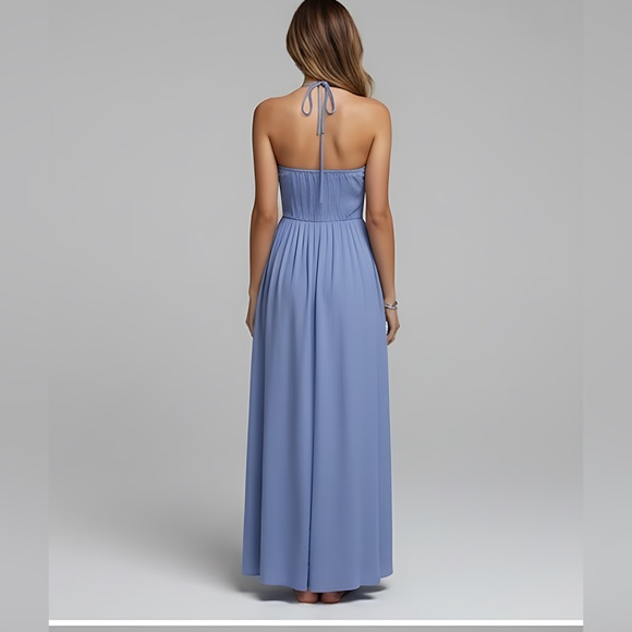 Boho Blue Knot Front Tie Back Maxi Halter Dress - Picture 4 of 8